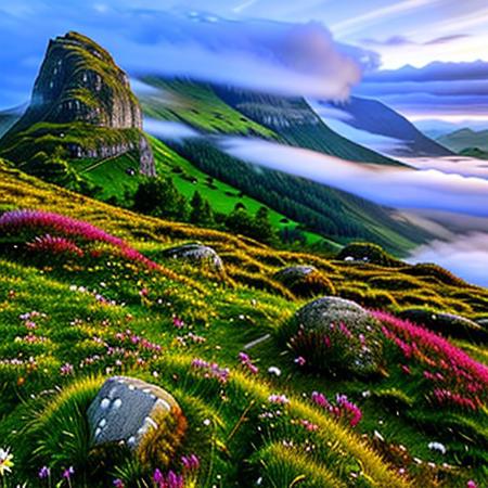 highland scotland landscape background, Clover, bunch grass, Crystals, rocks, crags, clouds and fog