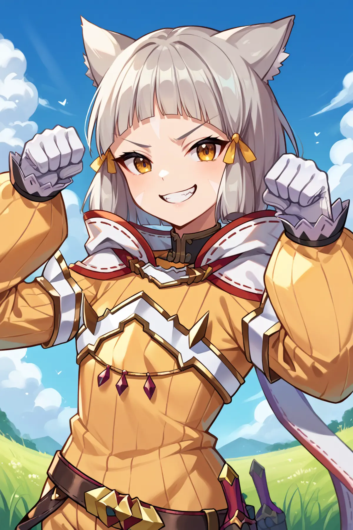 A young woman with cat-like ears standing in a grassy field under a clear blue sky with a few clouds. She is smiling and posing, showing a confident and playful demeanor. She is wearing a yellow outfit adorned with gold and red accents, with a white and red cape. 
