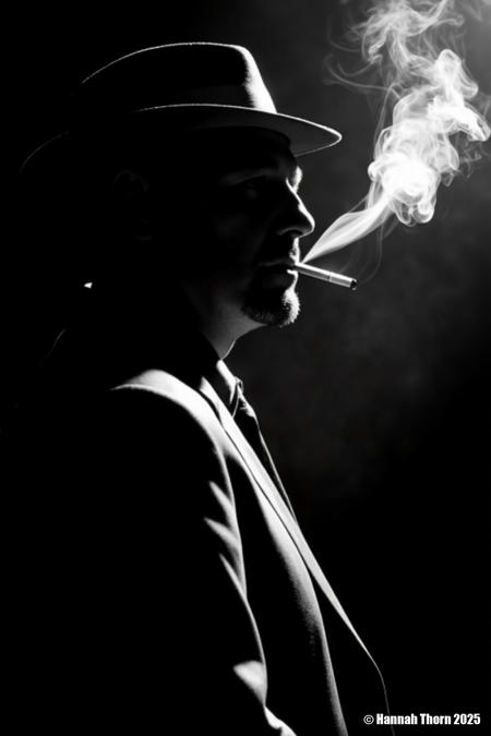 A mysterious, contemplative man, mid-40s, wearing a classic fedora and sharp suit, exhaling a plume of cigarette smoke, his face obscured by shadow, conveying an enigmatic, weary demeanor. Inspired by classic film noir cinematography, the stark chiaroscuro of Caravaggio, and the dramatic portraiture of Gordon Parks. Captured with a vintage 85mm prime lens at f/1.4, medium close-up, slightly low-angle perspective, ensuring shallow depth of field. Exquisite, hard rim lighting from the top-right creates a sharp, luminous outline on the hat brim, rising smoke, and suit shoulder, against a deep, inky black background with dramatic fall-off. Dense, ethereal smoke curls upwards, adding dynamic atmospheric depth. Powerful, off-center composition utilizing the rule of thirds, emphasizing strong diagonal lines and a dominant silhouette. Gritty, high-contrast black and white, subtle film grain, sharp focus, timeless cinematic grade.