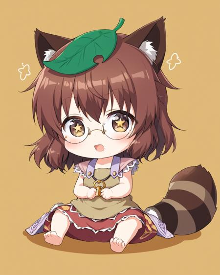 futatsuiwa mamizou,glasses, leaf_on_head, raccoon_tail, chibi, open_mouth, 1girl, sitting, pince-nez, :d, solo
<lora:futatsuiwa_mamizou_image2346_2023-12-20-000010:1>,star-shaped_pupils,symbol-shaped_pupils,. gorgeous,key visual, vibrant, studio anime,award-winning, professional, highly detailed,high budget, cinemascope