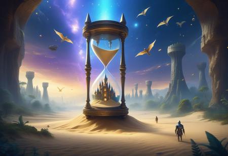 A fantastical depiction of a gigantic sandglass floating in an ethereal void. Inside the sandglass, a small humanoid spirit drifts, its form shimmering and its features indistinct. The sand grains inside glow faintly like stars, creating a cosmic effect. Surrounding the sandglass are vivid, layered landscapes that represent different eras: a prehistoric forest with dinosaurs, a medieval castle with knights, and a futuristic cityscape with flying vehicles. The atmosphere is dreamlike, with hues of gold, blue, and purple blending harmoniously