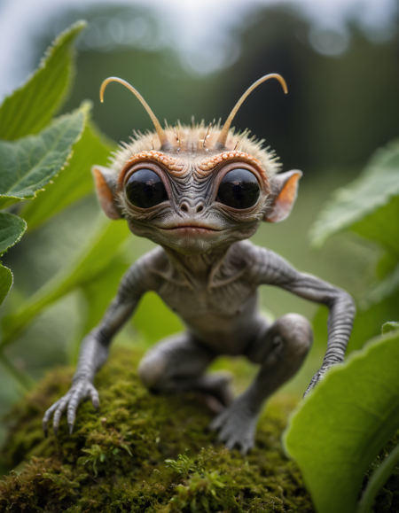 A photo of a (cute space creature:1.3) amidst (alien flora:1.2), terraforming process, (Miki Asai Macro photography style:1.2), close-up capture, hyper detailed, trending on ArtStation, sharp focus, studio ambiance, intricate facial details, (detailed skin texture:1.1), by Greg Rutkowski inspiration, HD resolution, vivid colors, contrasting textures, professional grade,