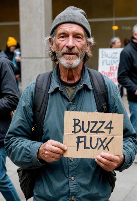 A homeless man holding a sing that says "BUZZ 4 FLUX"   <lora:add-detail-xl:1>