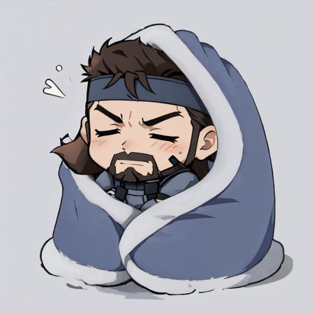 masterpiece, best quality, solid snake, headband, facial hair, closed eyes, smile, cozyblanket, chibi, simple background, blue blanket <lora:cozyblanket-nvwls-v1-000006:1>  <lora:solidsnake-nvwls-v1-final:1>