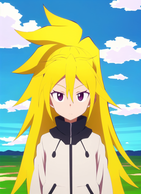 itaden <lora:itaden_offset:1.2>, masterpiece, best quality, solo, 1girl, long hair, blonde hair, looking at viewer, cloud, ponytail, upper body, sky, hair between eyes