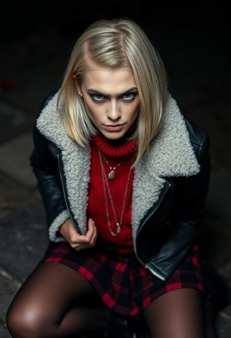 a beautiful blonde woman, kneeling,
horrified, upset, frown, eyes wide, tears, angry,
bob haircut, gray eyes, brown eyebrows, split cut eyebrow,  black leather jacket with fleece lining, red sweater, silver necklace, black red plaid mini skirt, black stockings, black combat boots, dramatic angle, side view, looking at viewer,