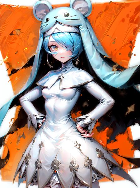 Sisterson Ciel,1girl,solo,blue hair,long hair,dress,very long hair,white dress,one eye covered,long sleeves,small breasts,STANCE,hands on hips,<lora:ï¼äººç© ä¿®å¥³å½å¤©èï¼Sistermon Ciel:1>,upper_body,white background,