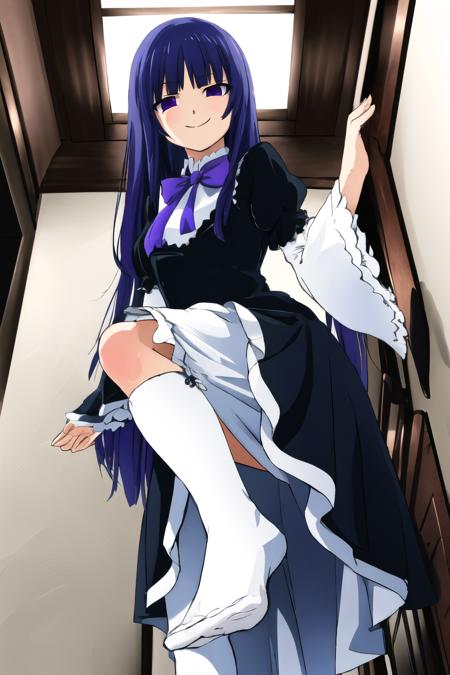 masterpiece, best quality, ultra-detailed, frederica bernkastel, purple eyes, purple hair, long hair, purple bow, blunt bangs, dress, frills, white kneehighs edgGesugao, edgGesugao facial expression, sadistic smile, evil smile, FFA, feet, foot focus, from below, sole, leg up, standing, looking at viewer