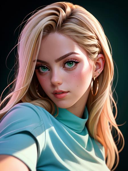 Realistic photo of a beautiful r3n33r woman, 1girl,solo,long hair,blonde hair,shirt,jewelry,green eyes,upper body,earrings,parted lips,hand up,mole,bracelet,lips,v,blue shirt,mole under mouth,realistic,selfie, soft lighting, professional Photography, Photorealistic, detailed, RAW, analog, sharp focus, 8k, HD, high quality, masterpiece<lora:r3n33r:1.0>