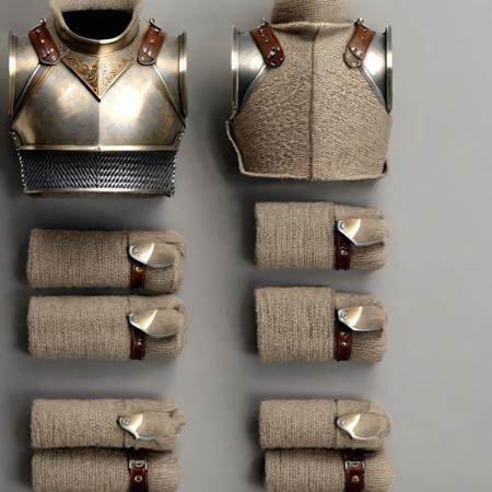 hyper-realistic, Realism, HDR, detailed, warior style armor covered in gray wool (beige cotton ), simple gray background
