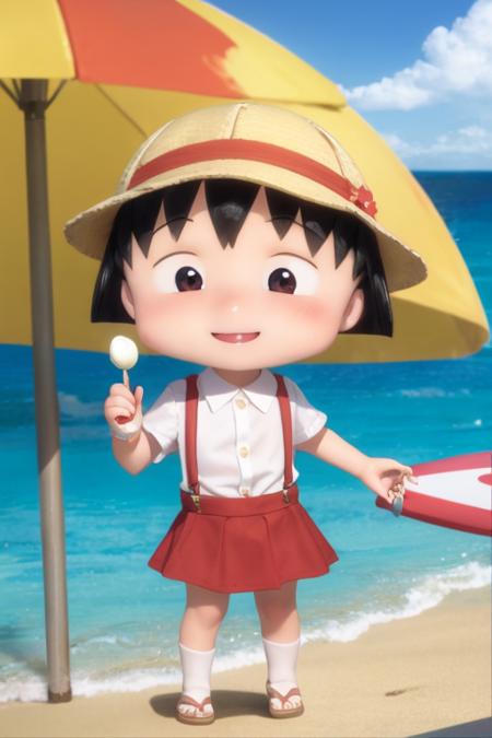 chibi, cbmrk, suspenders, black hair, short hair, red skirt, white shirt, smile, beach <lora:chibi_maruko-000003:1>