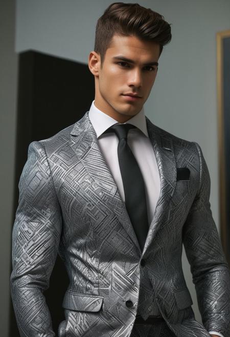 a strong 22-year-old spanish hunk bodybuilder male, with a fringe up hairstyle, detailed face, mindless expression,  wearing a skin tight dark-gray suit with silver patterns, wearing a skin tight pants, on a modern living room, standing at attention pose, looking to the camera, Cinematic, Photoshoot, Shot on 25mm lens, Depth of Field, Tilt Blur, Shutter Speed 1/1000, F/22, White Balance, 32k, Super-Resolution, Pro Photo RGB, Half rear Lighting, Backlight, Dramatic Lighting, Incandescent, Soft Lighting, Volumetric, Conte-Jour, Global Illumination, Screen Space Global Illumination, Scattering, Shadows, Rough, Shimmering, Lumen Reflections, Screen Space Reflections, Diffraction Grading, Chromatic Aberration, GB Displacement, Scan Lines, Ambient Occlusion, Anti-Aliasing, FKAA, TXAA, RTX, SSAO, OpenGL-Shader s, Post Processing, Post-Production, Cell Shading, Tone Mapping, CGI, VFX, SFX, insanely detailed and intricate, hyper maximalist, elegant, dynamic pose, photography, volumetric, ultra-detailed, intricate details, super detailed, ambient