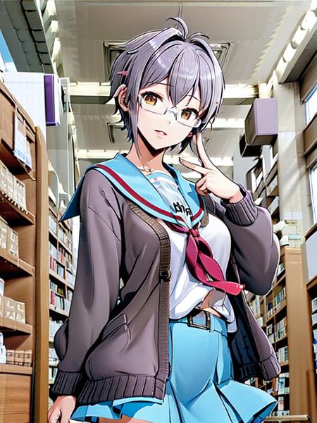 masterpiece, best quality, ultra-detailed, illustration,
NCT2, book, bookshelf, library, wide shot, ceiling, ceiling light,
kita high school uniform, 1girl, nagato yuki,  school uniform, solo, glasses, serafuku, short hair, sailor collar, cardigan, blue sailor collar, skirt, purple hair, winter uniform, blue skirt, brown eyes, open cardigan, open clothes,  bangs, jitome
<lora:NishinomiyaChuouTosyokan:0.8> <lora:kitakouseifuku:1>