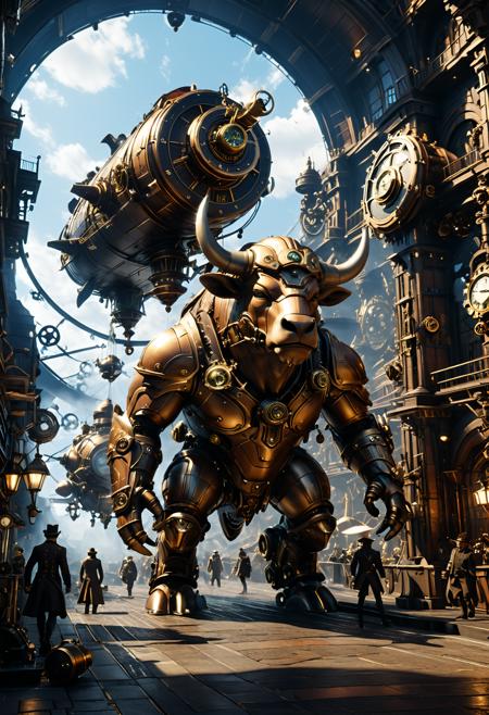 A ultra-detailed 200mm 3d_render wide shot of Minotaur, set in A steampunk city filled with airships and clockwork machines, a dynamic sleeping pose and an frustrated expression. The scene is illuminated by deep cinematic contrast, enhancing the dynamic atmosphere. shadows stretching unnaturally across the walls. The details are ultra-HD, with stunning textures, lifelike depth, and 8k quality. Every element is meticulously crafted, captures the essence of the motif in breathtaking resolution., <lora:add-detail-xl:0.5>, <lora:JuggerCineXL2:0.7>, <lora:xl_more_art-full_v1:1>, <lora:re4lity:0.7>,