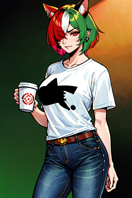 1 girl, solo, large breasts, HoldingACupofCoffee,tshirt, jeans, Miqote-GenderofChoice