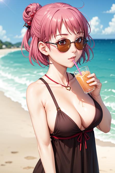 (masterpiece, best quality),(grainy:0.8), (ultra realistic:0.8), (extremely detailed:1.2), perfect anatomy, BREAK girl, sunglasses, reflection on sunglasses, eyes under sunglasses, (drinking soda:1.2), ponytail, hair flower accessory, BREAK detailed summer dress, BREAK beach background, <lora:YagamiCoco-000014:0.36>,((large breasts)),