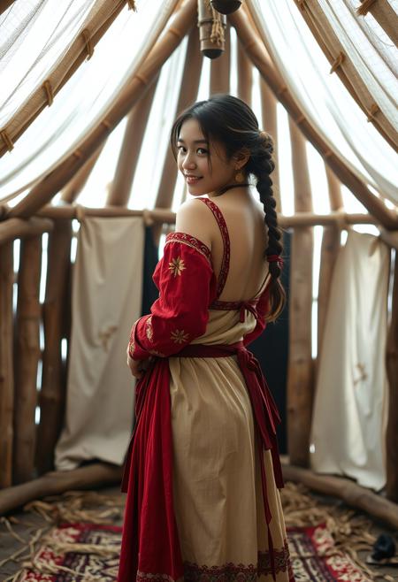 Mongolian girl, standing inside, in the middle of a Mongolian hut, medieval, beautiful upper class dress, in the process of undressing, halfway taking her dress off, sideboob, seen from behind, face turned sideways, smiling, unaware of being watched