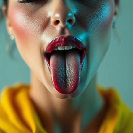 beautiful woman wearing makeup sticks her tongue out, close up on face