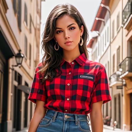 (Masterpiece Photo:) of (Happy)  older nella  wearing checkered red and black shirt and blue jeans staring at the viewer,(big brown eyes) ,(checkered red and black shirt), (blue jeans),Highly Detailed,(close portrait:1.3),(Feminine:1.4),(beautiful:1.4),(attractive:1.3),calendar pose,perfectly detailed eyes,studio lighting,thematic background, (high detailed skin:1.2), 8k uhd, dslr, soft lighting, high quality, film grain, Fujifilm XT3