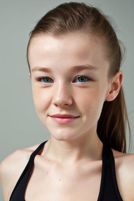 (CR-3milyBloom-Denche354:0.9), full color face closeup photo of woman wearing tank top, grey background, (slick hair:1), oiled shiny skin,