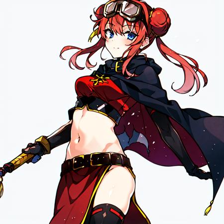 <lora:KaguraV3-1:1>, 1girl, Timeskip Kagura, solo, red_dress, hair_buns, goggles_on_head, navel, black capelet