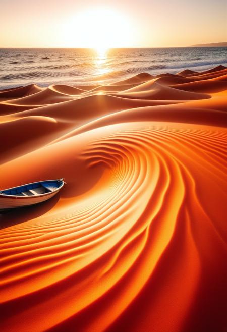 high resolution, hyper-realistic photograph, ultra-detailed, sharp focus, A group of colorful sea sandswirls in the distance, each one painted with intricate designs and colors. The sun is setting, casting a warm orange glow across the landscape. In the distance, a small boat glides by, , Realistic split lighting with natural shadows, film grain, Fujifilm Neopan 100, 80mm f/2.8 lens, slight bokeh effect on the background, soft ambient lighting, realistic textures and depth of field, photorealistic details in clothing fabric and natural surroundings., <lora:Upgraders\Detail Tweaker XL:1.0>, <lora:SandSwirlLoRa\SDXL 1.0\SandSwirlLoRa:1.0>