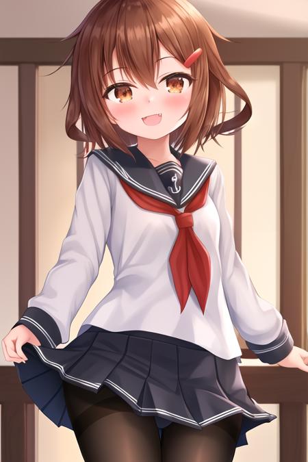 masterpiece, best quality, highres, solo, {ikazuchi_kantaicollection:1.10}, brown_hair, short_hair, hairclip, hair_ornament, brown_eyes, serafuku, fang, open_mouth, smile, blush, 1girl, school_uniform, looking_at_viewer, neckerchief, skirt, red_neckerchief, pleated_skirt, long_sleeves, pantyhose, black_pantyhose