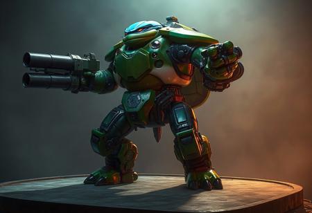 Giant Turtle Who Feeds on Flames robot from TMNT, green and blue, large left arm gun, smaller right arm gun, blue helmet, dynamic action pose, standing on gray platform, Island Turtle background. Highly detailed, intricate, cinematic lighting, godrays, dim ambient light. Octane Render, Unreal Engine 5, Houdini Style elements, Splash Ink Illustration influence, Matte Painting, concept art, digital painting. Impeccable composition, creative angle, Golden Ratio. 8k, trending on Artstation, CGSociety.