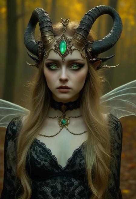 This is a highly detailed, digital artwork in a fantasy art style. The central figure is a young woman with an ethereal, mystical aura. She has long, flowing, light brown hair with subtle hints of blonde, cascading over her shoulders. Her skin is a pale, almost translucent white, and she has piercing green eyes accentuated with dramatic, winged eyeliner. Her lips are painted a bold, rich red.
She wears an elaborate, ornate headpiece adorned with gold and black accents, including two curved, twisted horns that extend from her forehead, adding to her otherworldly appearance. The headpiece features intricate detailing, including small, gemstone-like elements, and delicate, almost organic textures.
Her attire is a sheer, black lace top with intricate, floral patterns that reveal a hint of her bare skin beneath. The lace has a delicate, almost ethereal quality, with black accents that add to the dark, mysterious aesthetic. A black choker encircles her neck, adding to the gothic, fantasy-inspired look.
The background is a softly blurred, lush forest scene with autumnal hues of green, yellow, and orange, suggesting a mystical, enchanted woodland setting. The leaves are in various stages of decay, adding to the eerie, autumnal atmosphere.