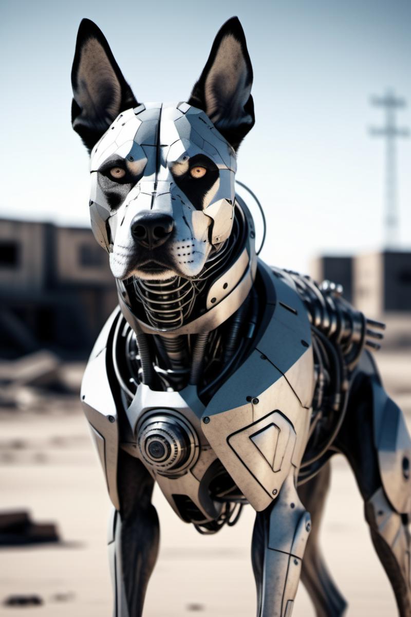 A robotic dog with a silver metal body and black dog face.