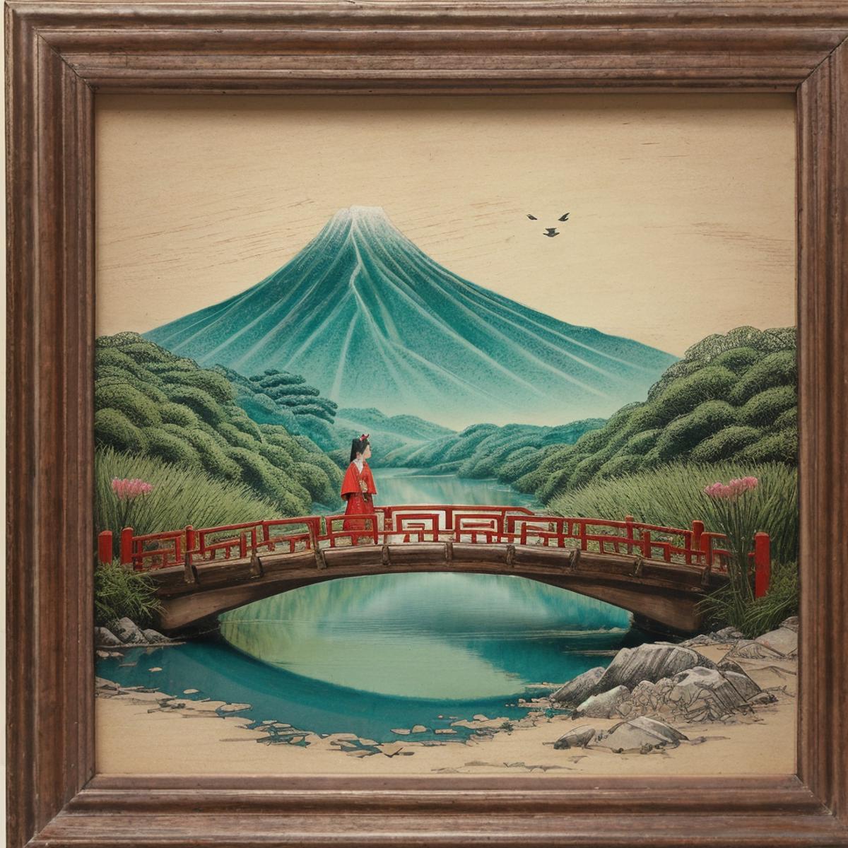 A painting of a woman standing on a bridge with a mountain in the background.