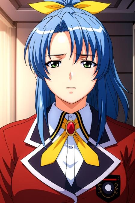 Simple White Background,
school uniform,yellow bowtie,red jacket,long sleeves,buttons, collared shirt,
<lora:Ayumi_Tenkawa_Houkago-KK77-V1:0.7>,
blue hair, Bangs,green eyes,yellow hair ribbon,ponytail,
<lora:Mariana_Luciano_NON_VIRGIN-KK77-V1:0.3>,<lora:more_details:0.1>,
1 girl, 20yo,Young female,Beautiful Finger,Beautiful long legs,Beautiful body,Beautiful Nose,Beautiful character design, perfect eyes, perfect face,expressive eyes,perfect balance,
looking at viewer,(Focus on her face),closed mouth, (innocent_big_eyes:1.0),Light_Smile,
official art,extremely detailed CG unity 8k wallpaper, perfect lighting,Colorful, Bright_Front_face_Lighting,shiny skin, 
(masterpiece:1.0),(best_quality:1.0), ultra high res,4K,ultra-detailed,
photography, 8K, HDR, highres, absurdres:1.2, Kodak portra 400, film grain, blurry background, bokeh:1.2, lens flare, (vibrant_color:1.2),professional photograph, 
(Beautiful,large_Breasts:1.4), (beautiful_face:1.5),(narrow_waist),