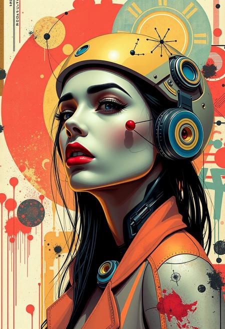 Digital street art portrait of a cyborg woman in pop surreal style, vibrant warm-cool palette, strong symmetry, abstract geometric shapes, red lipstick, dreamlike circular motifs, modern art elements, graffiti overlays