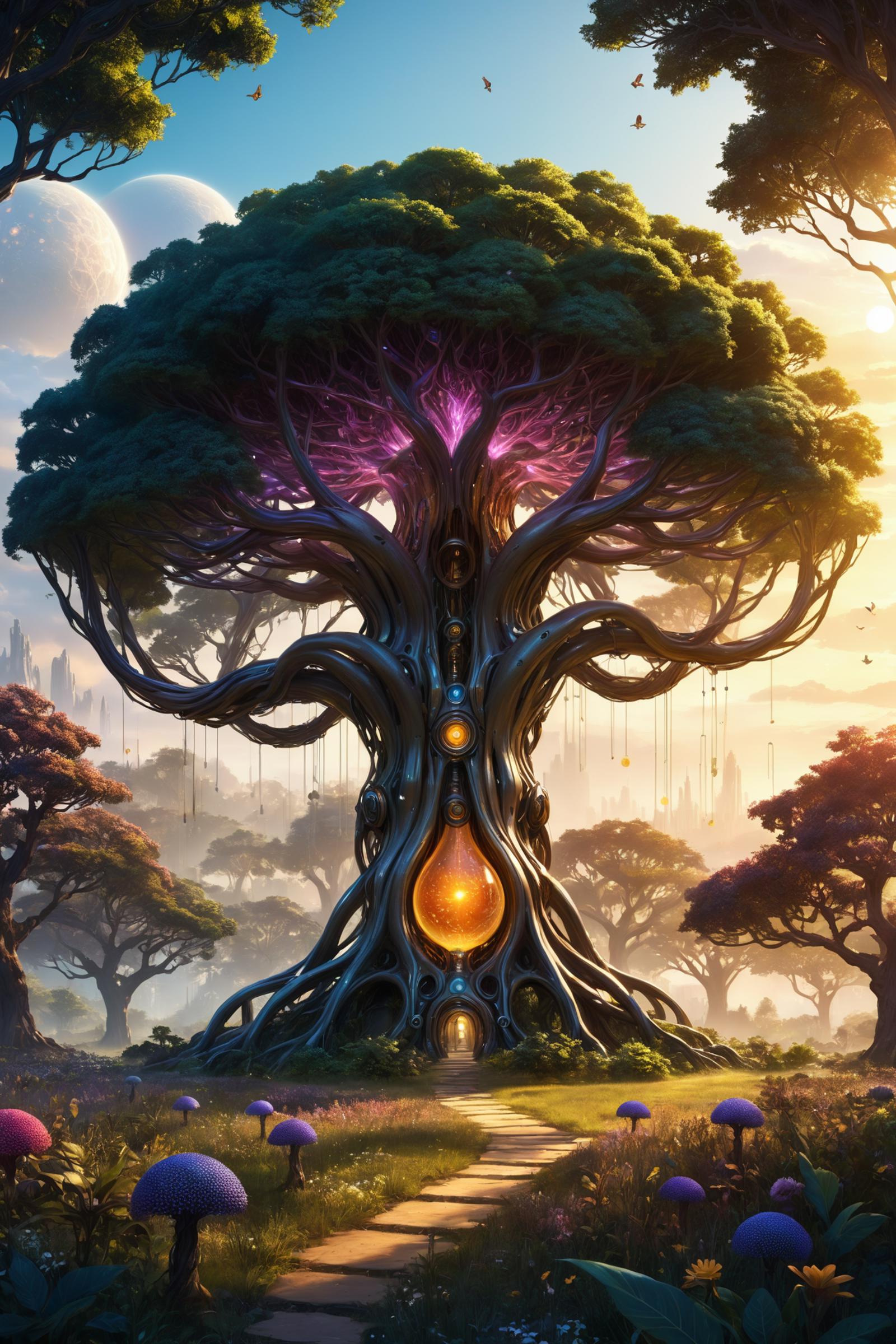 A Tree with Orbs and a Sun Hanging from its Branches, Surrounded by Trees and Mushrooms