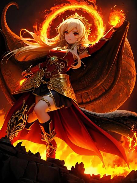 (masterpiece, best quality), cute beautifull sorceress young woman fights dragon, firestorm, fireballs, fantasy castle background