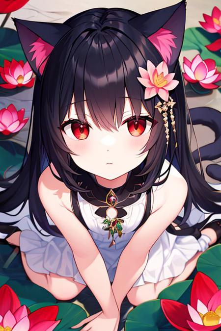 illustration, red eyes, black hair, cat ears, hair flower, lotus, wariza, from above, highres, solo focus,, masterpiece, best quality,