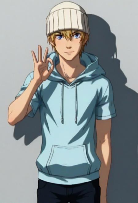 Kazuma Mikura blonde hair blue eyes white beanie hoodie