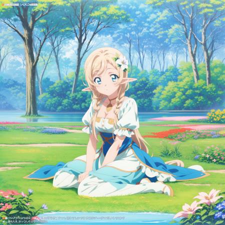 anime,anime screencap,
(masterpiece, top quality, best quality, official art, beautiful and aesthetic:1.2), 1girl, elf, adventurer, lakeside, flower field, forest, detailed background