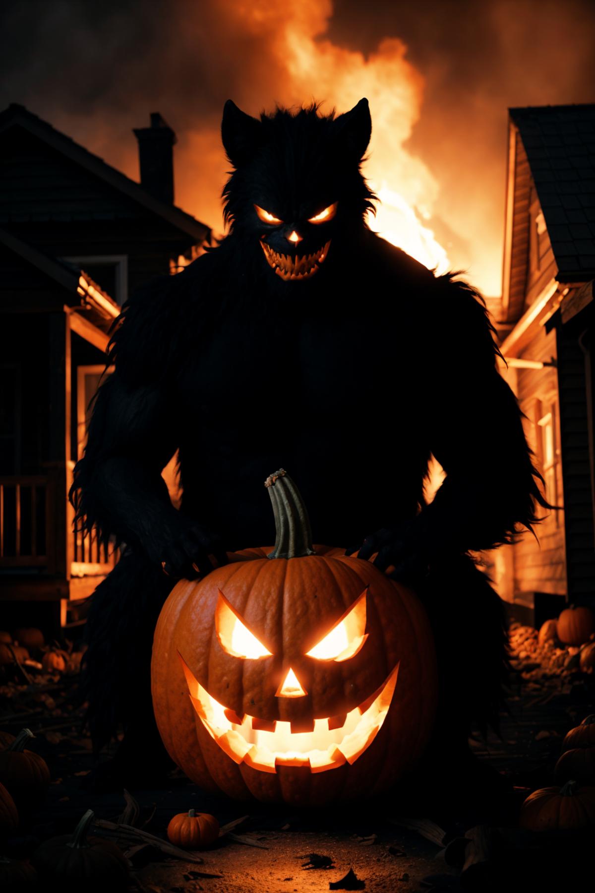 A werewolf holding a pumpkin in front of a burning house.
