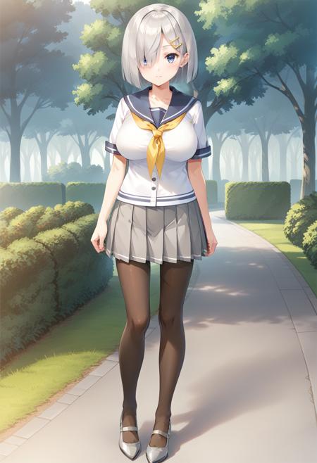 hamakazekc, grey hair, hairpin, short hair, bangs, hair over one eye, blue eyes hamakazedefkc, serafuku, white shirt, blue sailor collar, yellow neckerchief, short sleeves, buttons,  grey skirt,  pleated skirt, miniskirt, brown pantyhose, black loafers hamakazeyukatakc, white yukata, print kimono, hair flower, long sleeves, wide sleeves, obi, sash, sandals hamakazedefkc, serafuku, white shirt, grey skirt, miniskirt, yellow apron, head scarf, short sleeves, brown pantyhose