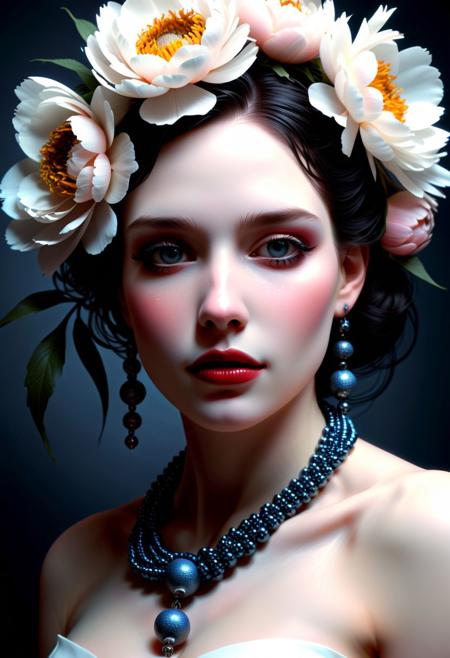 Inspired by Mike Mignola, 1 female,beautiful, wrapped in beads, peonies, languor, softness, half smile, soft light, tenderness, seduction, the greatest quality, best facial details
futurism, 2d