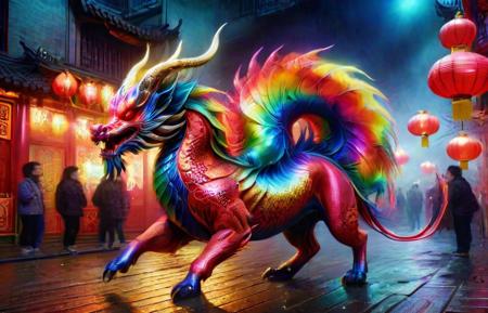 A vivid and ((ral-oilspill Qilin), midnight, in a chinese red lantern festival street with people walking around), magnificent horns, vibrant feathers, majestic and legendary, captures attention with its vibrant hues, colorful high contrast, from china, festival of rich colors, hong kong, epic colors, formidable, rain, eyes lit, standing in the dark, anamorphic lens flares 4k, best of behance, holy flame crown spell, creative commons attribution, wallpaperflare, steven jung, trending on mentalray, hyper realstic, featured on pexels, big horn, highly beautiful, casting a magic spell, color overlay, ð, pr0f3ss10n4l <lora:ral-oilspill:1> <lora:QilinSDXL:1.125> <lora:sdxl_LCM_lora_rank1:1.15>