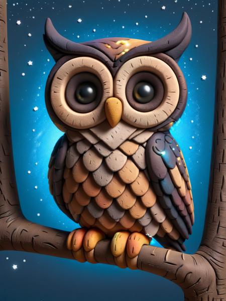 A wise old ais-crayz owl perched on a tree branch, its luminous eyes reflecting the starry night sky <lora:Kids_Crayon_Style_SDXL:1>