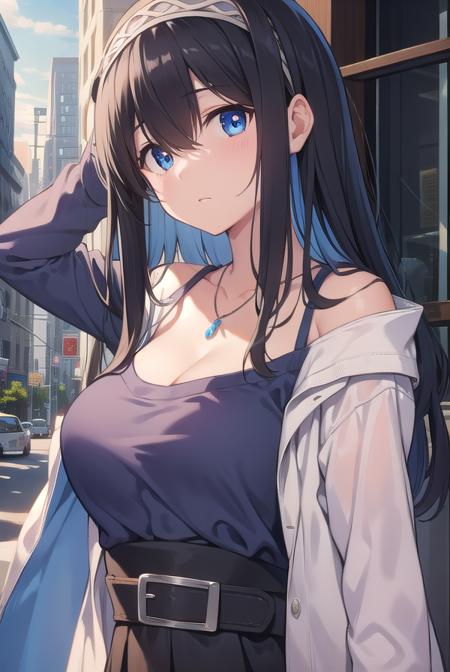 fumikasagisawa, <lora:fumikatest:1>,
BREAK fumika sagisawa, blue eyes, black hair, hair between eyes, hairband, long hair, hair over eyes,
BREAK blue sweater, collarbone, jewelry, necklace, shawl, sweater,,
BREAK looking at viewer,
BREAK outdoors, city,
BREAK <lora:GoodHands-vanilla:1>, (masterpiece:1.2), best quality, high resolution, unity 8k wallpaper, (illustration:0.8), (beautiful detailed eyes:1.6), extremely detailed face, perfect lighting, extremely detailed CG, (perfect hands, perfect anatomy),