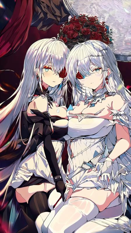 masterpiece, best quality, (((2girls, multiple girls:1.2))),((red eyes, red flower, red rose, white hair, black dress, black thighhighs, black gloves, red flower over eye), (white flower, white rose, blue eyes, white dress, white hair, white thighhighs, white flower over eye)), <lora:EmdenV1.0:0.8>, ironemdenwei, vivid color,shiny,