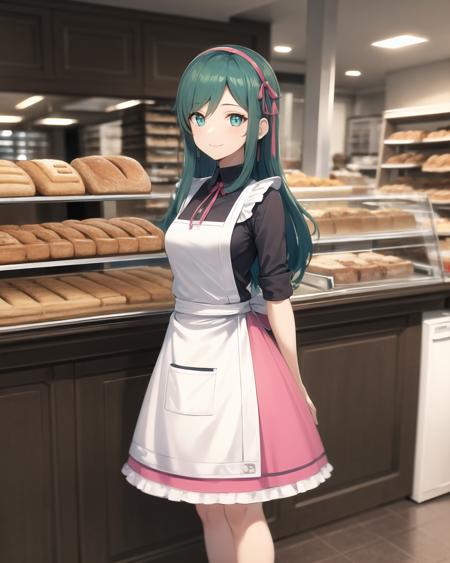 best quality, (masterpiece:1.2), illustration, absurdres,
(1girl, solo), (beautiful detailed girl), cowboy shot,
<lora:Bennet-08:0.8>, Bennet, aqua eyes, green hair, long hair, small breasts, hair ribbon, red headband,
black shirt, white apron, pink skirt, long skirt, brown shoes,
((inside intricate detailed bakery)), bread, pastries, table, store, shop,
(shy:1.1), smile, looking at viewer,