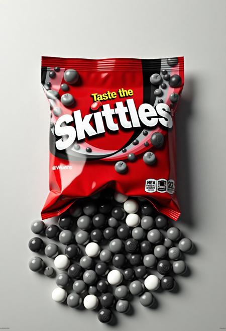 "Monochrome Skittles" Ad: The iconic red Skittles packaging, but with monochrome black white and grey skittles. The monochrome Skittles spills out of the ripped bag, The tagline is, "Taste the Monochrome"