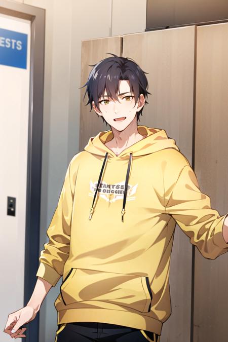 masterpiece, high quality, 1boy,solo,male focus, upper body, yexiu\(quanzhigaoshou\),Yexiu\(wcb\),((yellow hoodie,)) <lora:QZGS_YeXiu_mix:1>