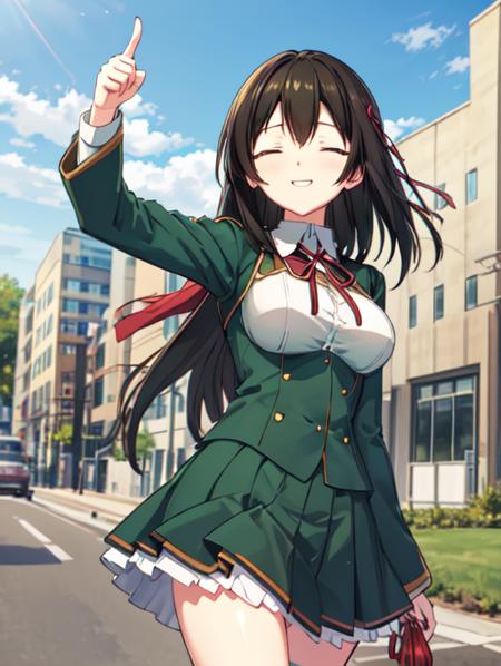 best quality, masterpiece, highres, detailed, perfect anatomy,  <lora:Detail - add_detail:0.2>, black hair, medium breasts, student uniform, green clothes, red bow, happy, layered skirt, outdoors, closed eyes, proud, pointing up, <lora:Character - SatsukiV12:0.8>