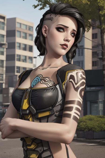 <lora:angel_(borderlands):0.8>, angel (borderlands), masterpiece, best quality, 1girl, solo, black hair, hair over one eye, tattoo, asymmetrical hair, makeup, undercut, lips, upper body,  arm tattoo, outdoors,